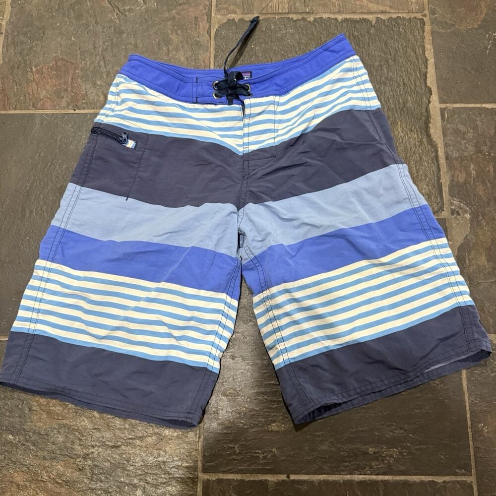 Patagonia Boys Board Shorts Size 12 Blue Striped Swim Trunks Youth Surf Beach